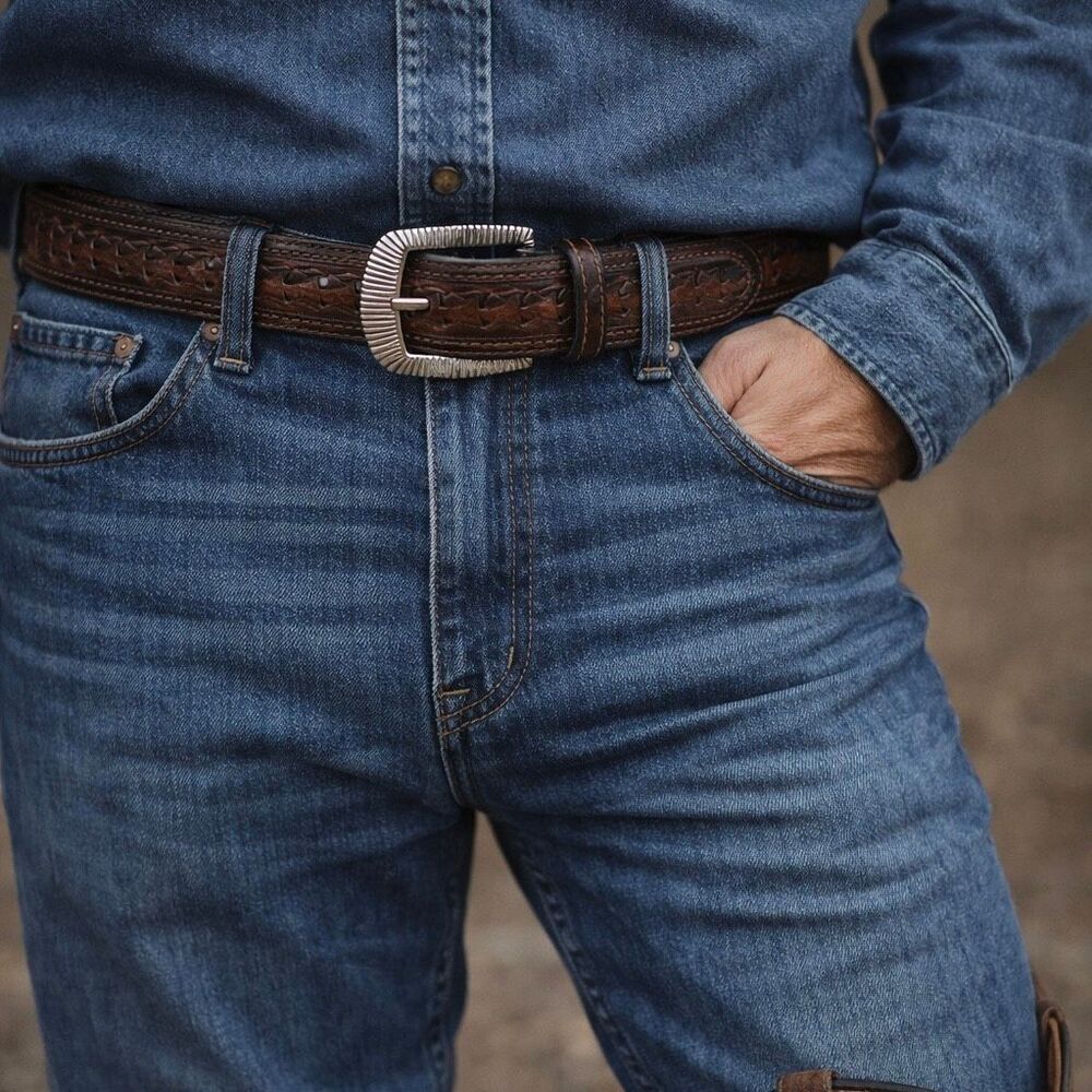 Justin Mens Leather Belt Size 38 Brown Cowboy Removeable Buckle Westen Rodeo